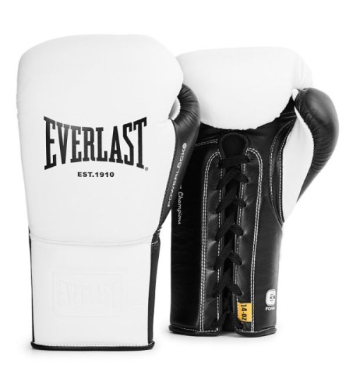 EVERLAST POWERLOCK PRO OG(PREMIUM GENUINE LEATHER)LACED UP (KICK)BOXING GLOVE - WHITE/BLACK